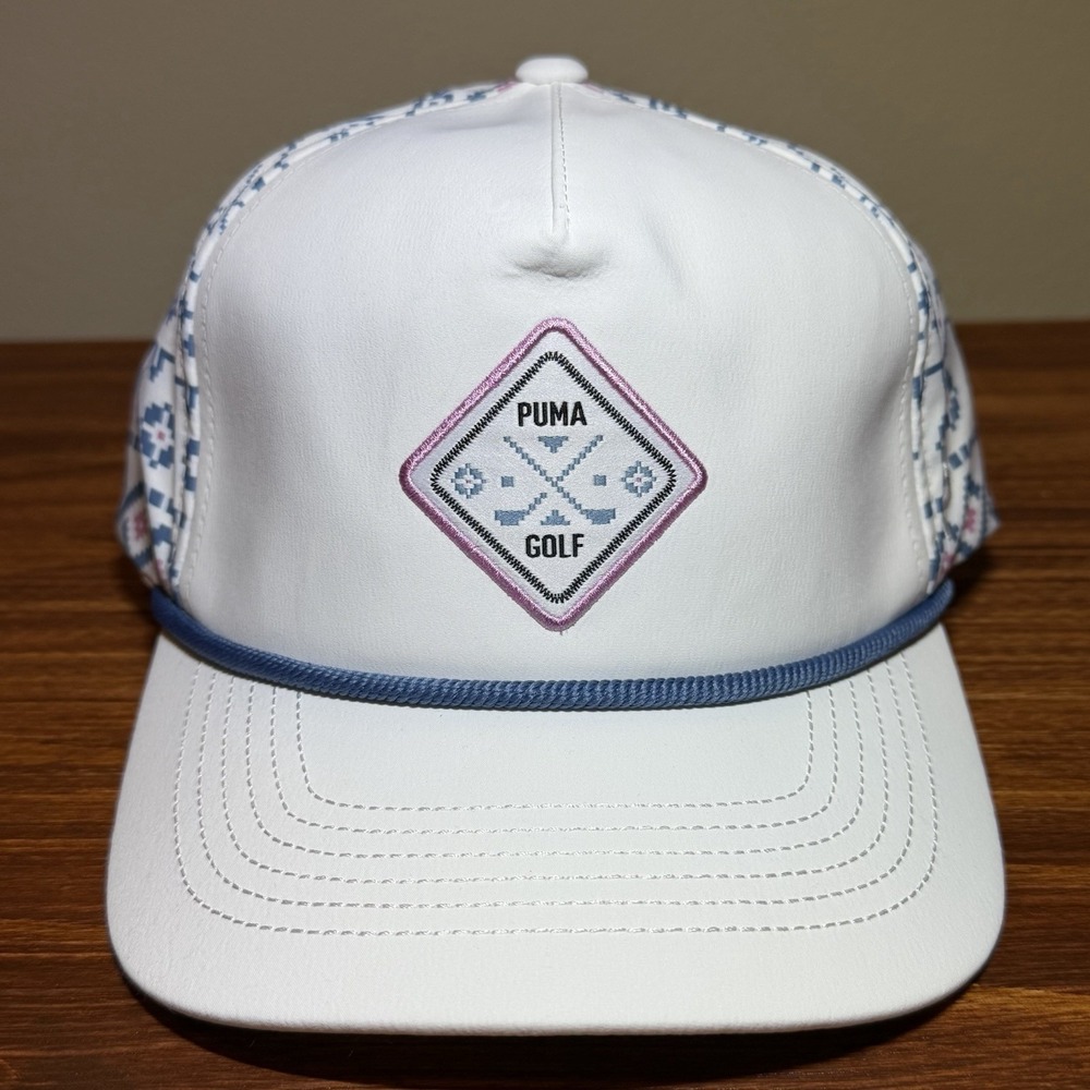 Puma Fairisle 5 Panel Tech White Golf Hat OSFA 110 Flexfit Ball Cap 025605 01